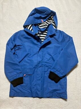 Blue Hooded Rain Jacket with Striped Lining